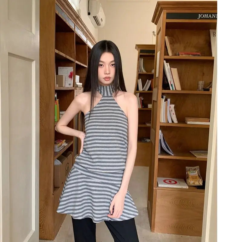 Bandage stripes Halter Ruffle Mini Dress