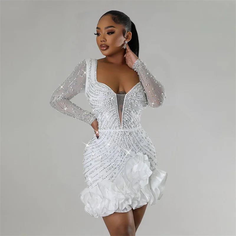 Mesh Sleeve Bodycon pretty Diamonds Birthday Party Dress Tierred Ruffles Rhinestone Pearls Dress Pink
