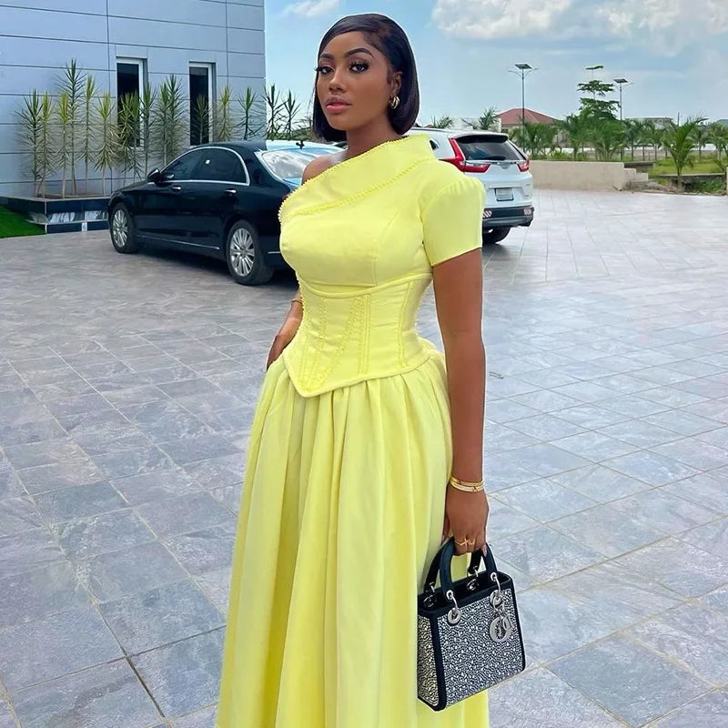 Women One Short Sleeve Tunic High Waist Maxi Chic Evening Dress