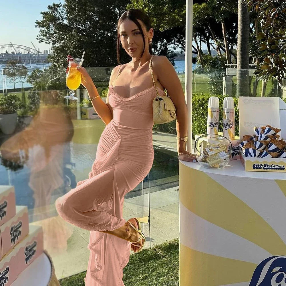 Irregular Ruffle Elegant Mesh Dress Yellow Long Dresses for Women