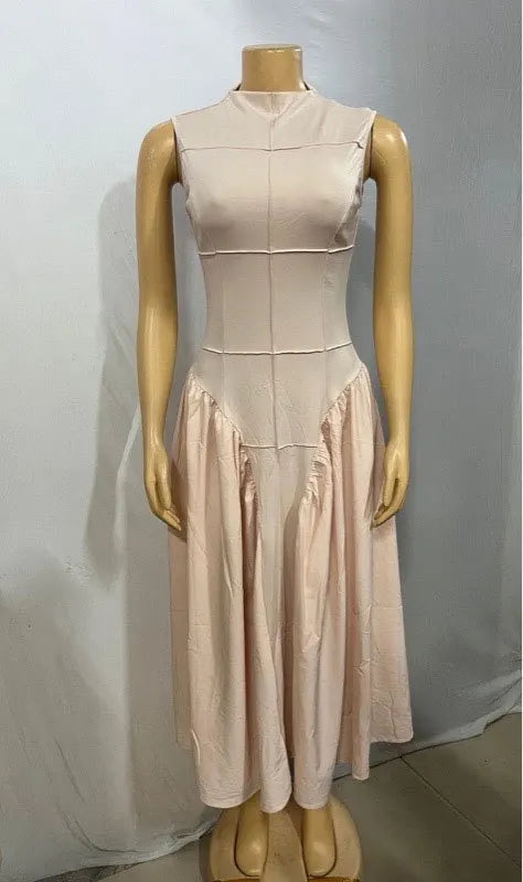 Women Ruched Side Sleeveless Pleated Maxi Dress
