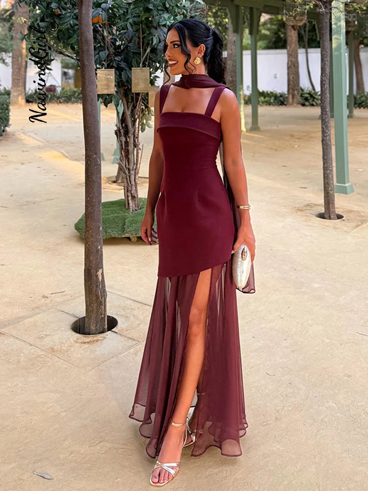 Elegant Slim Sleeveless Backless Allure Mesh Maxi Dress
