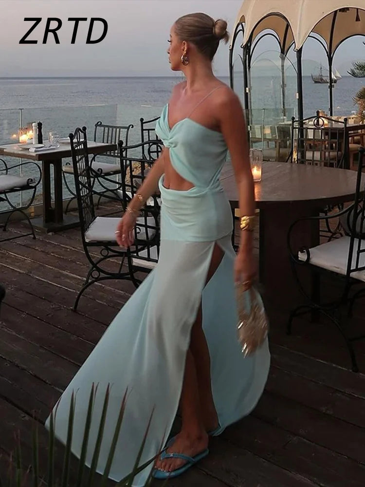 Sexy Backless Bikini Long Dress Women Side Split Sleeveless Pleated Female Vacation Dress
