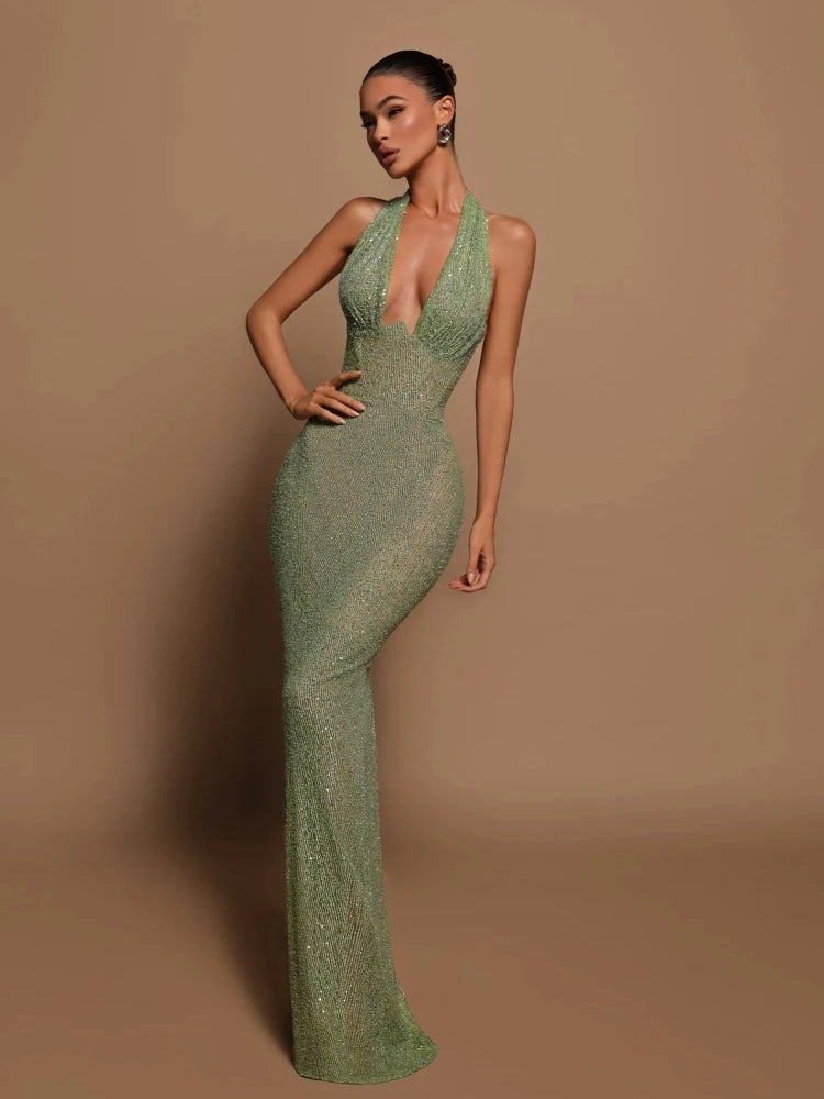 Halter Deep V Neck Sequins Green Sleeveless Backless Sequined Slim Long Maxi Dress