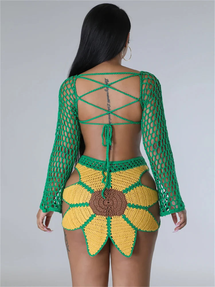 Crochet Sunflower Backless Hollow Tops+Skinny Skirt Beach Party Summer Trend Matching Suits