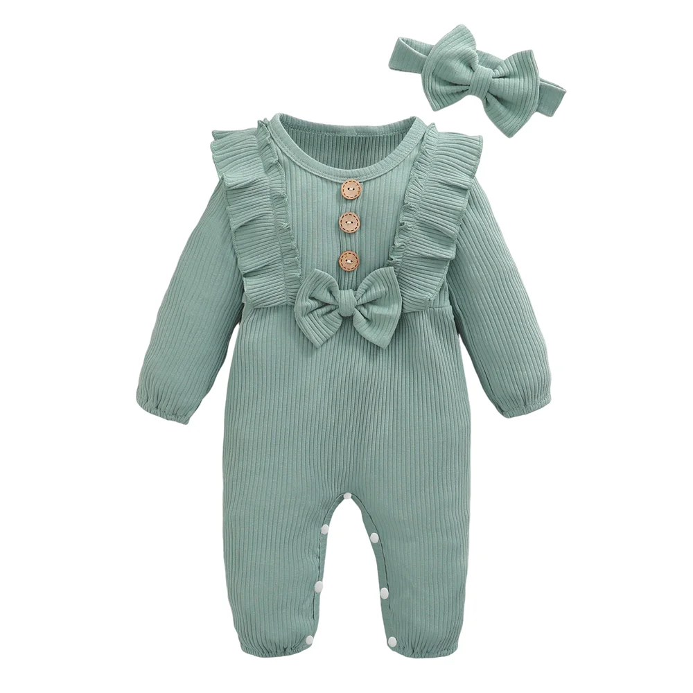 Newborn Baby Girl Romper Long Sleeved Ruffle Bodysuit with Headband Onesie Outfit