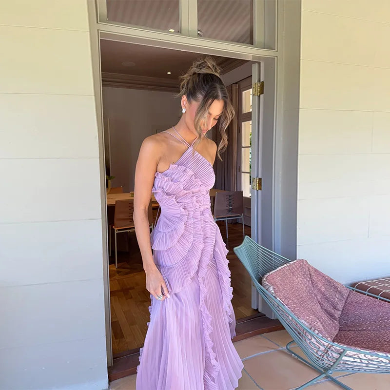 Royal Bloom Halter Tiered Ruffles Backless Party Dress