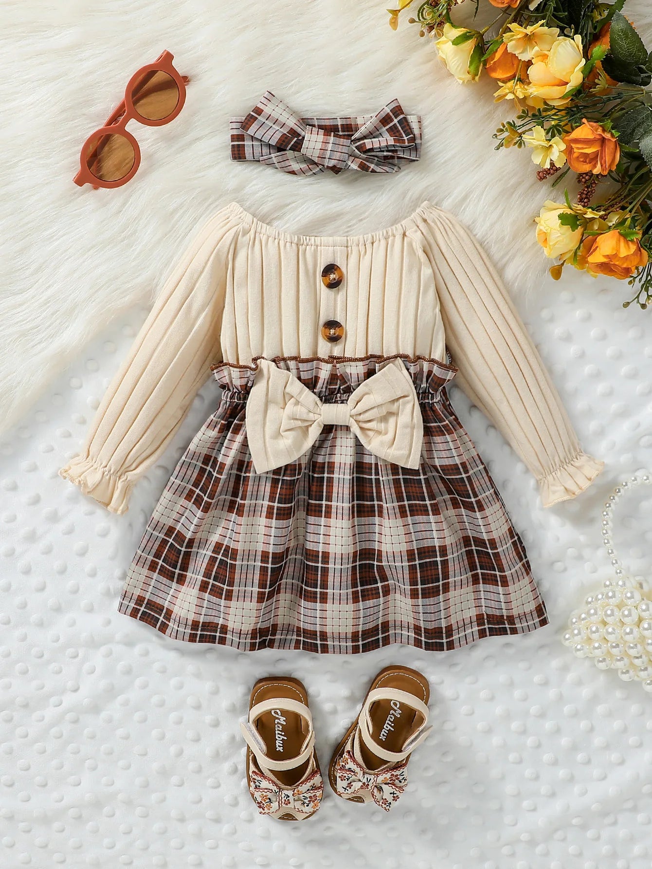 Baby Girls Autumn Long Sleeve With Bow Plaid Fahion Cute Dress