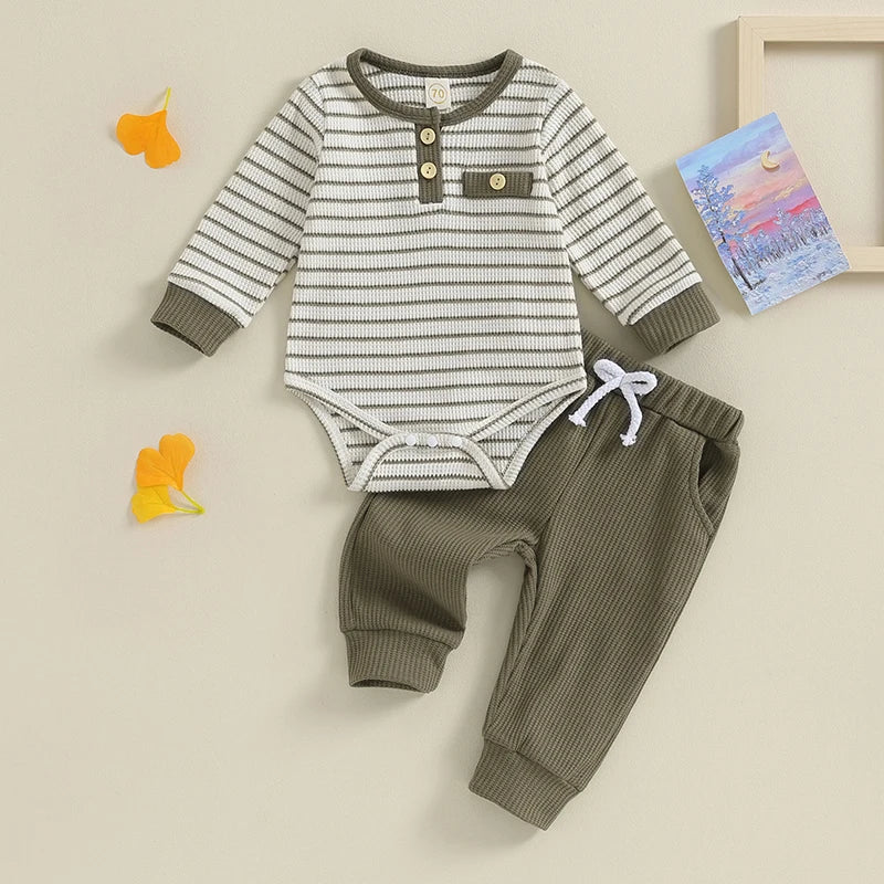Newborn Baby Boy Girl Fall Winter Clothes Waffle Knit Striped Romper Long Pants Set Home Outfit