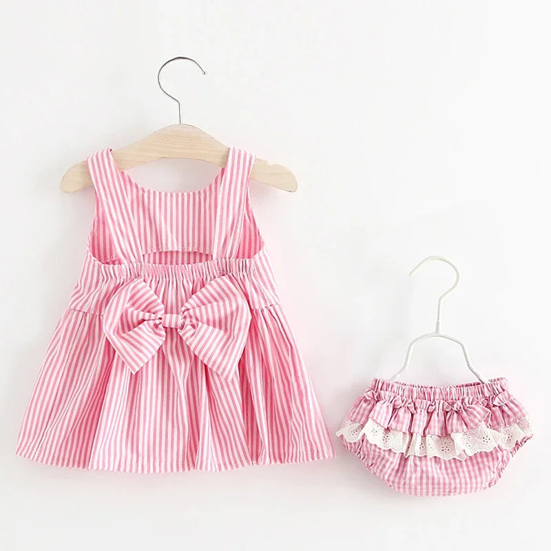 Cute Sleeveless Girl 2Pieces Sets Short Pants+Dress Set Stripe Patten