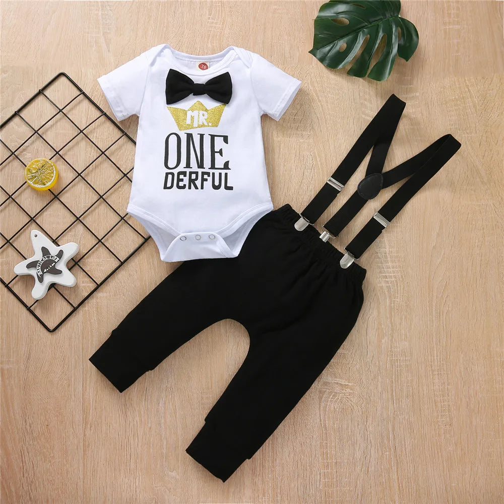 Baby Boys Birthday Outfits Sets Balloon Letter"1" Bodysuit and Y-back Suspender Shorts 1 Year Birthday Baby