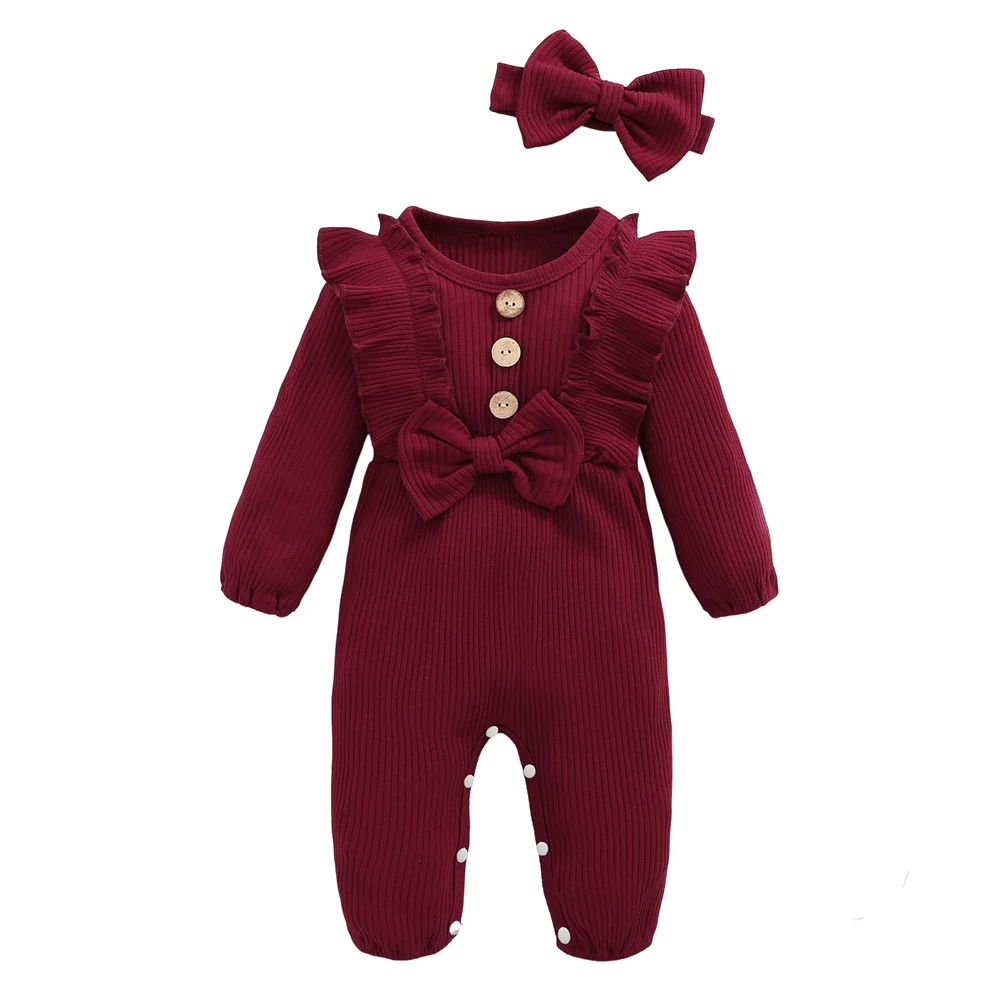 Newborn Baby Girl Romper Long Sleeved Ruffle Bodysuit with Headband Onesie Outfit