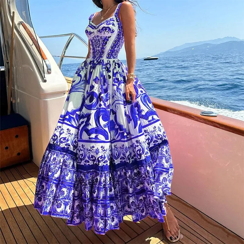 Women's Fashion Bohemian Elegant Light Luxury Mid length Printed Strap Dress