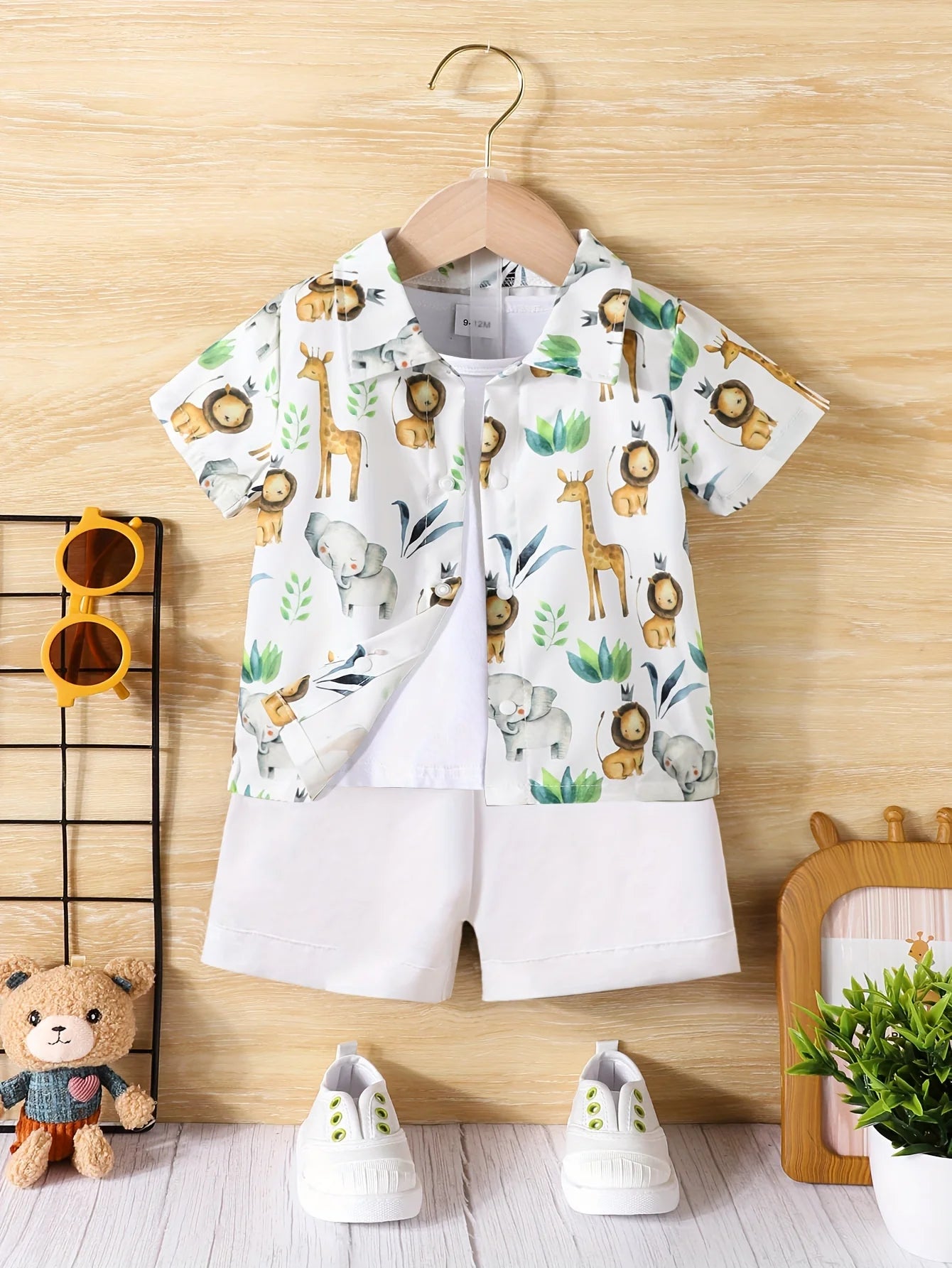 Baby Boy Casual Small Animal Print Short Sleeve Shorts Holiday Travel Shirt Set
