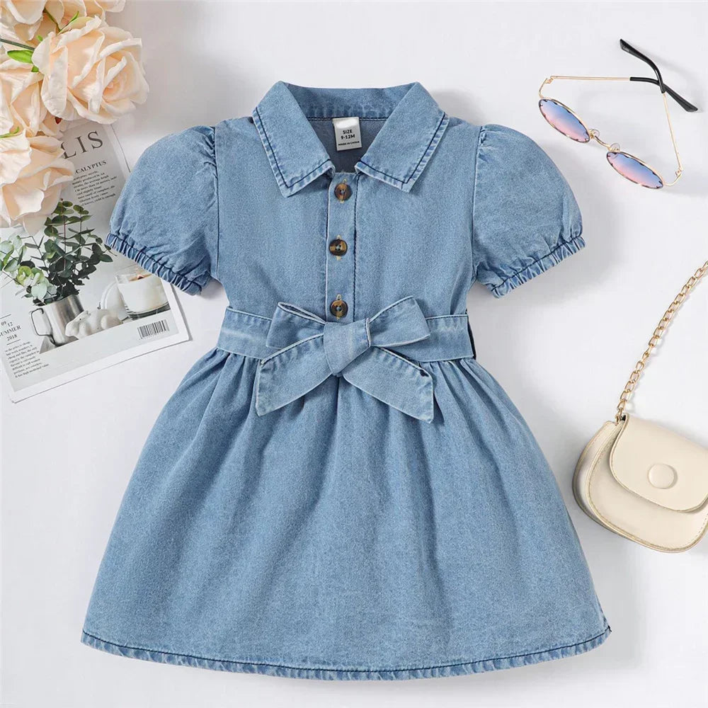 Baby Girl Bubble Sleeve Lapel Jeans Casual Dress