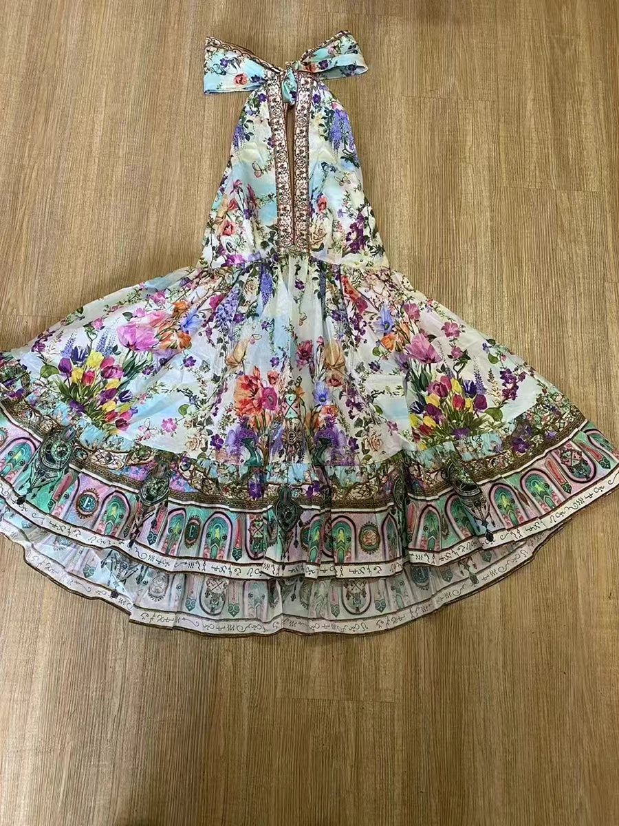 VGH Hotsweet Style Print Backless Mini Dress for Women Halter Sleevelesss High Waist Spliced Folds Party Holiday Dresses Female