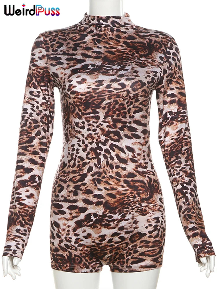 Leopard Print Romper Women Trend Hipster Long Sleeve O-Neck Skinny Stretch