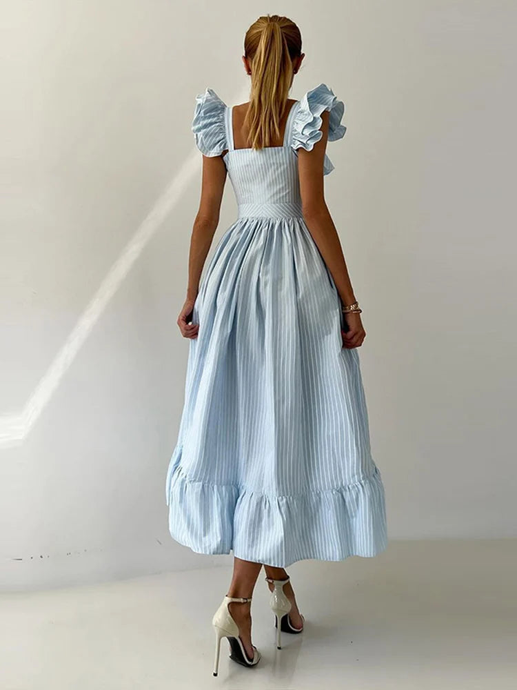Flying Sleeves Striped Long Dresses Woman Elegant Single Breasted A-Line Robes Female Chic High Waist Summer Lady Robes Holiday