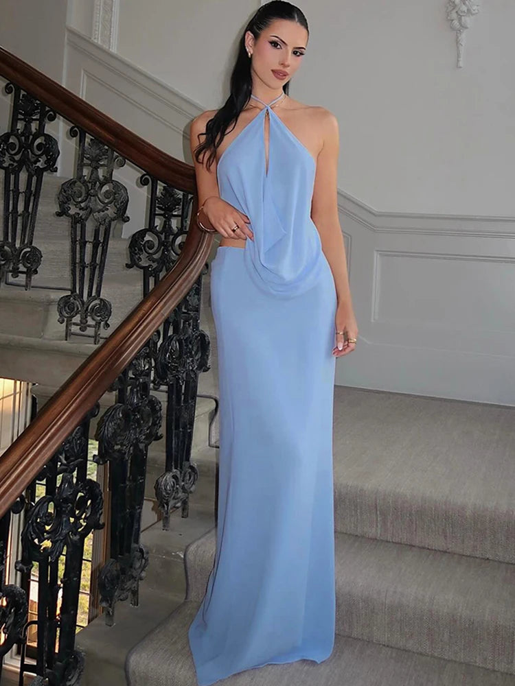 Ocean Muse Backless Halter Maxi Dress