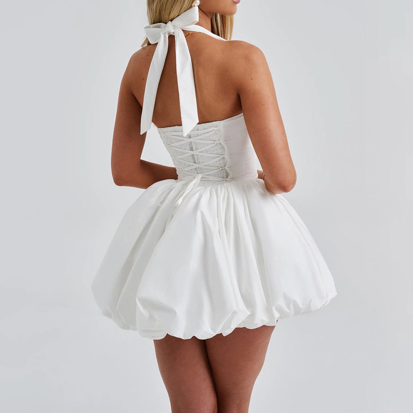 Women Mini Solid Halter Neck Bubble Kawaii Tie Up A Line Dress