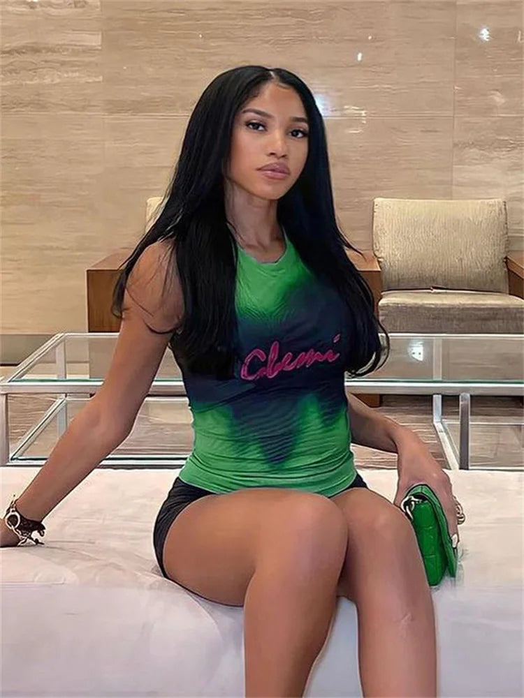 Tie Dye Printed Sleeveless Tank Top Sexy Mesh See Through Crop Tops Women