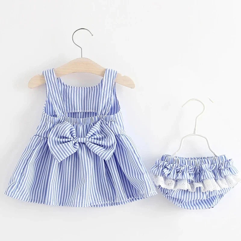 Cute Sleeveless Girl 2Pieces Sets Short Pants+Dress Set Stripe Patten