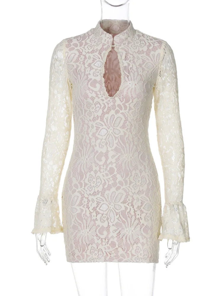Lace Hollow Out Long Sleeve Sexy Mini Half High Collar Bodycon Dress