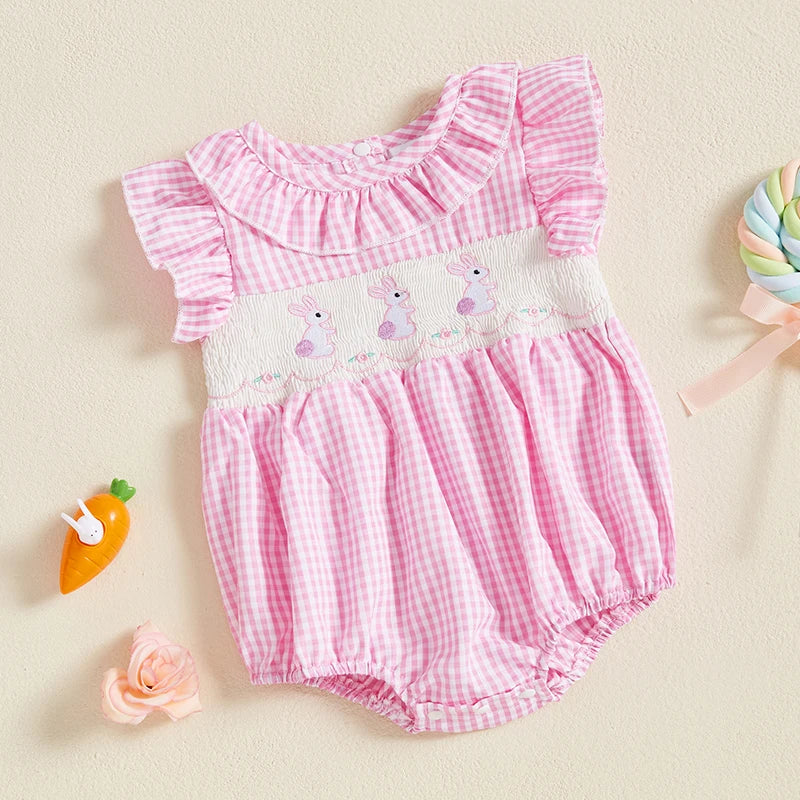 Easter Baby Girl Clothes Short Sleeve Ruffle Collar Bunny Embroidery Jumpsuit Playsuit