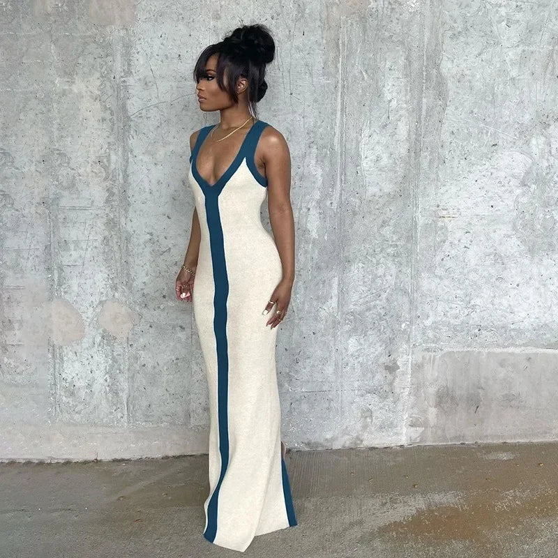 Elegant Strap Sleeveless High Waist Slit Bodycon Evening Dress Sexy V Neck Corset Dress