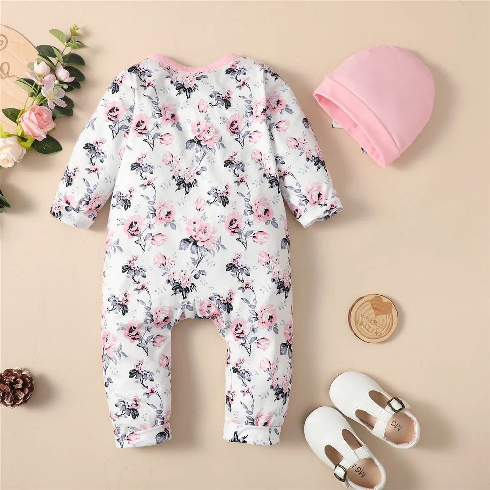 Long Sleeve Flower Bodysuit Costume Lovely Baby Spring Jumpsuit Outfit with Hat