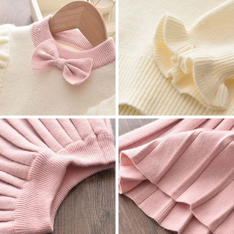 Casual Girls Dress Knitting Kids Suit Long Sleeves Princess Top and Skirt 2pcs Outfits Sweater Kids Clothes