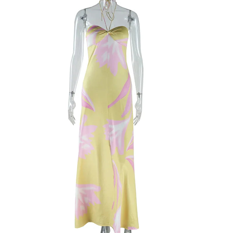 Women's Floral Halter neck Strappy Strapless Backless Long Dress