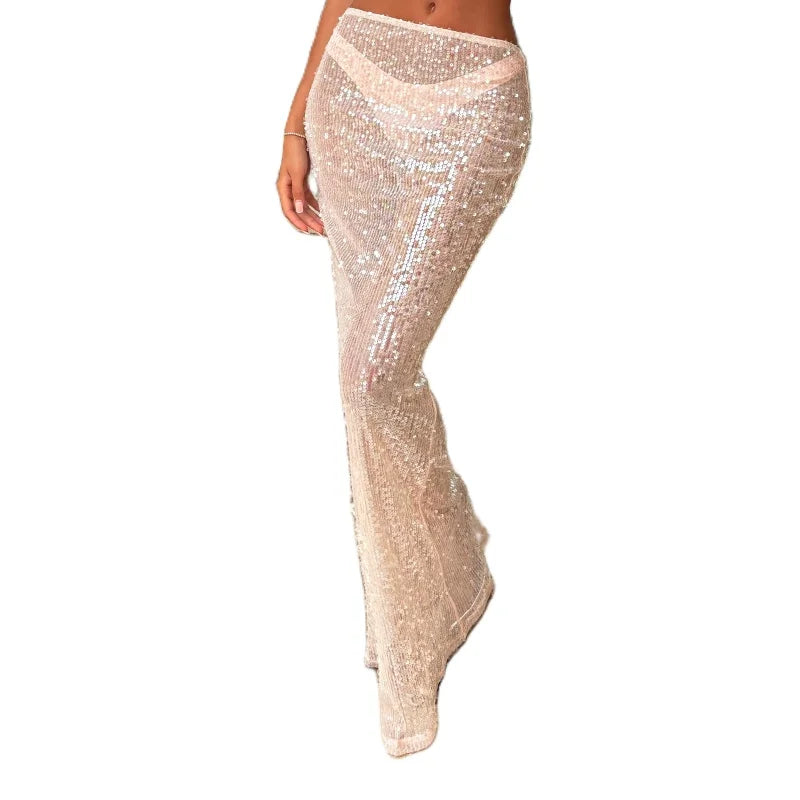 Radiant Siren Sheer Mesh Sequin Maxi Skirt Sparkly See Through Glam