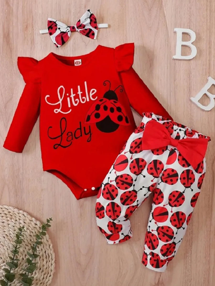 Baby Girl Fashion Clothes Infant Long Sleeve Cartoon Ladybird Bodysuit +Pant Set+Headband 3PCS