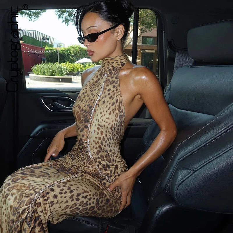 Leopard Backless Maxi Bandage Embellished Long Dress