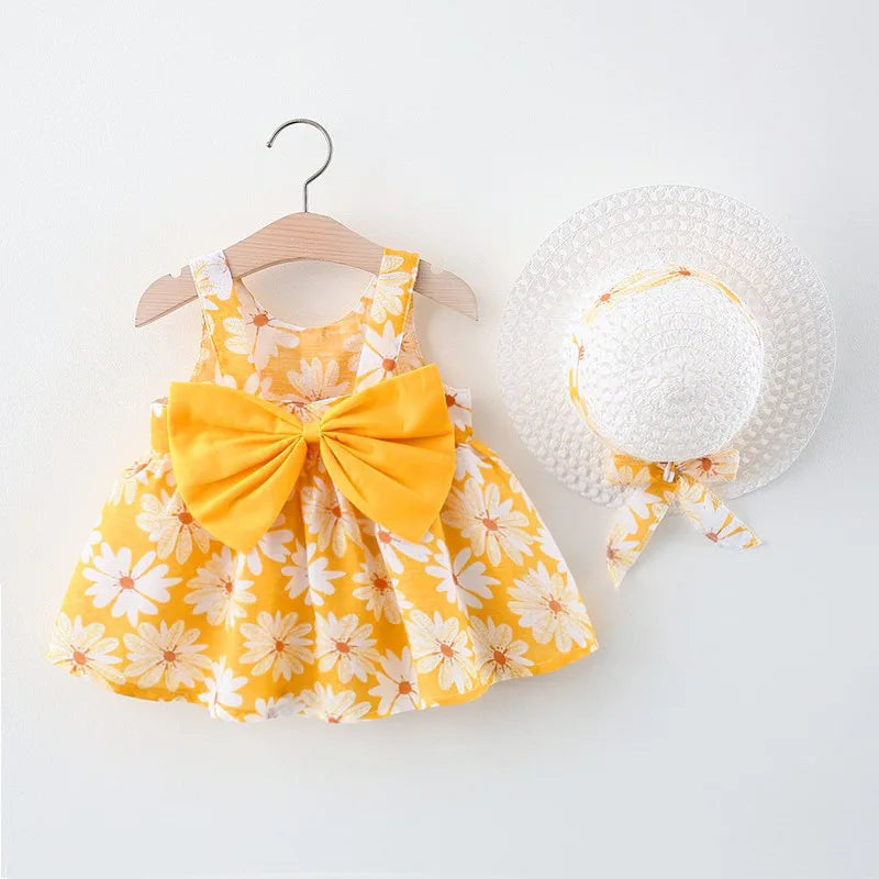 Toddler Girl Clothes Cotton Beach Suspender Dress+Sun Hat Princess Dresses