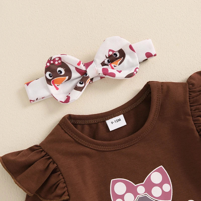 Baby Girl Turkey Print Long Sleeve Romper Flared Pants Bow Headband