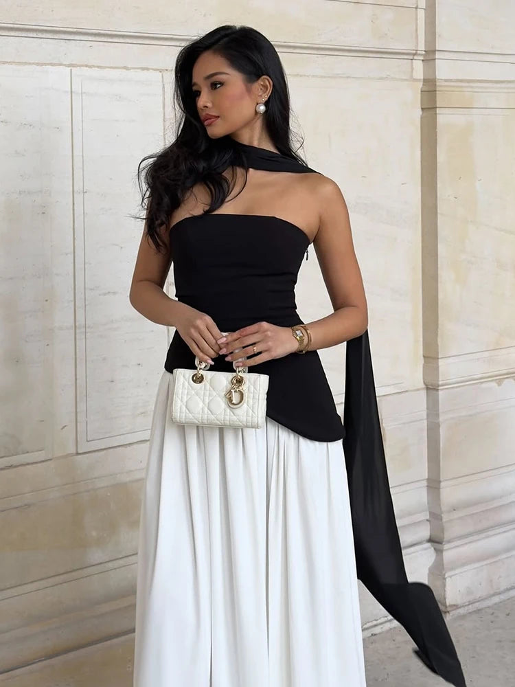 Women Elegant Contrast Slim Ribbon Dress Back Lace Up Female Strapless Dress