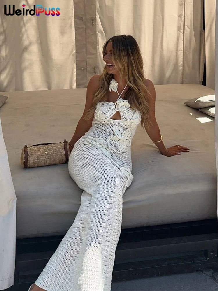Sexy Dress Women Shirring Knit See Through Elegant Beach Vacation Trend Clubwear Long Bodycon