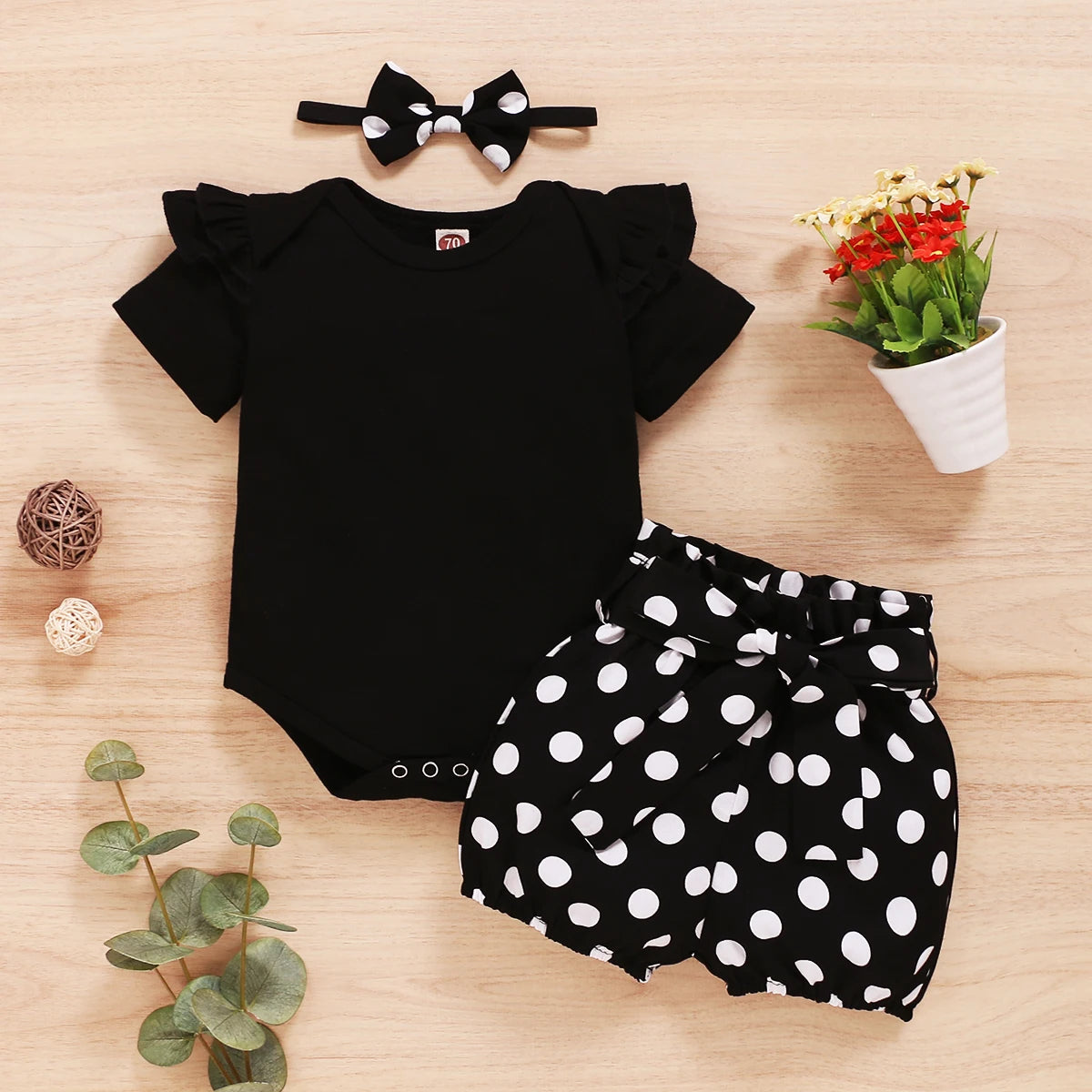 Baby Girl Set Black Short Sleeve Bodysuit+Polka Dot Shorts+Headband Toddler Girl