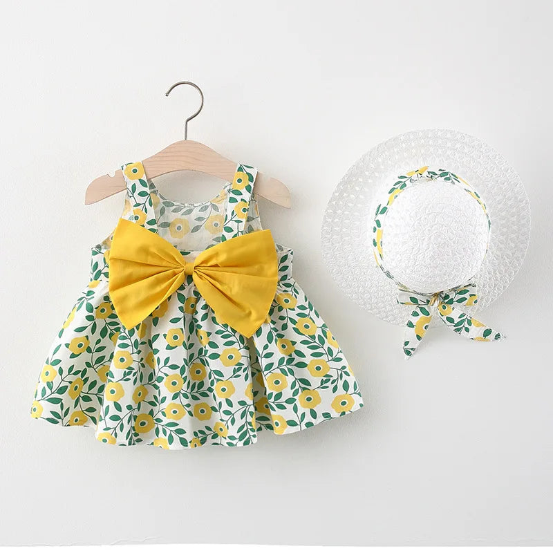 Toddler Girl Clothes Cotton Beach Suspender Dress+Sun Hat Princess Dresses