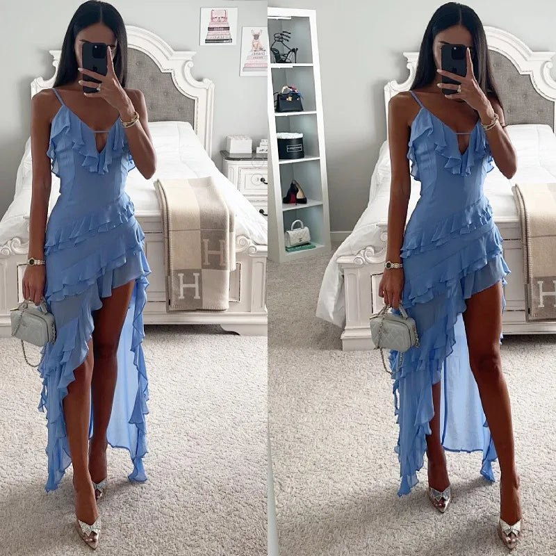 Azure Glow Irregular Tassel Bodycon Maxi