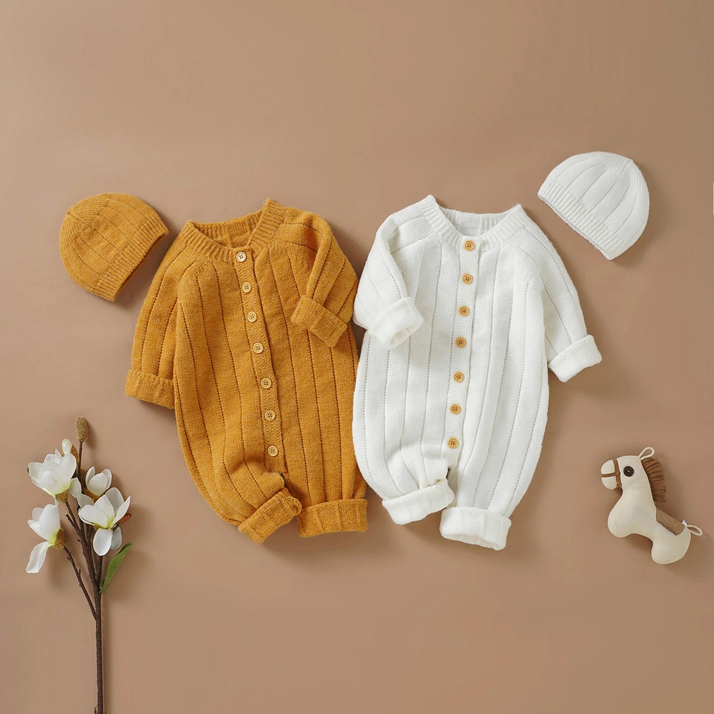 Baby Girls Boys Winter Jumpsuit and Cap Solid Color Long Sleeve Single-breasted Knitted Romper 0-18Months