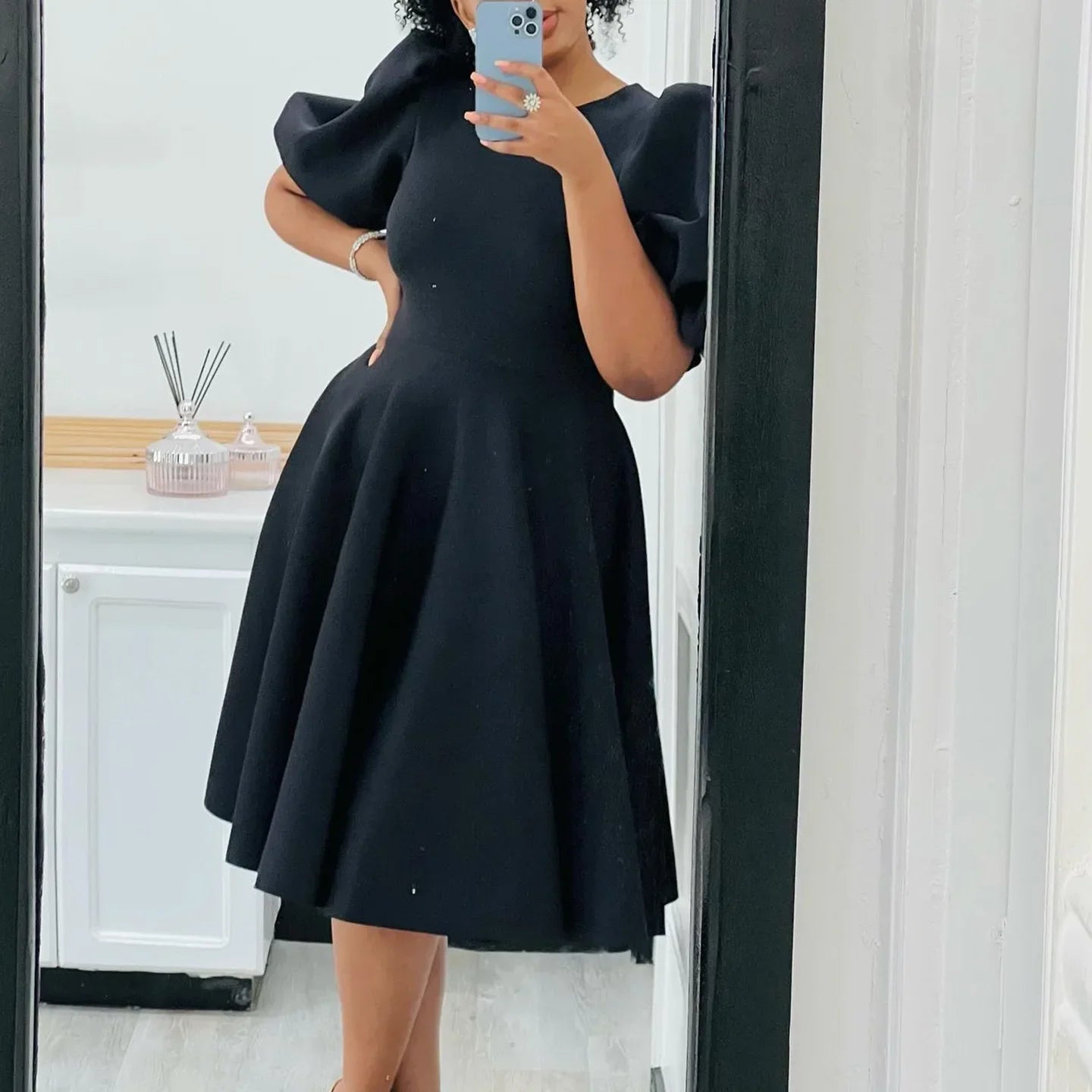 Elegant O Neck Short Sleeve High Waisted Pleated Mid Calf Luxury Dress