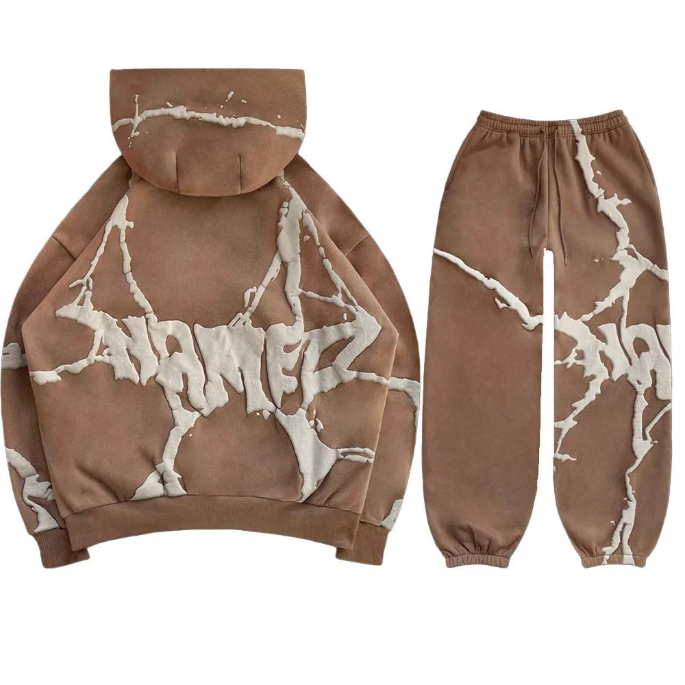 2024 European and American Cross border Autumn and Winter New Vintage Foam Printed Hoodie Thickened Loose Men's Set in Stock
