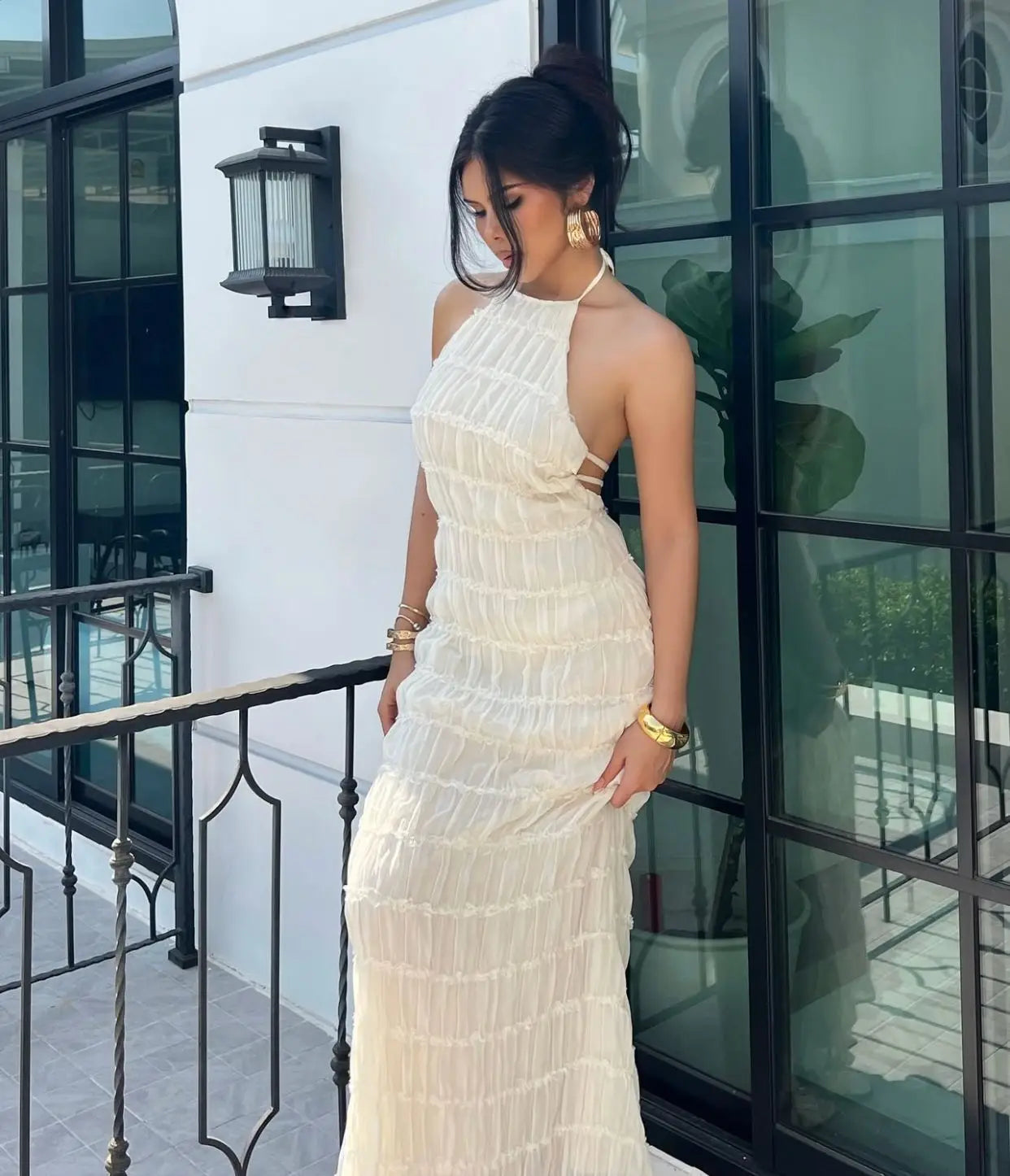 Sun-Kissed Muse Backless Frill Maxi Dress