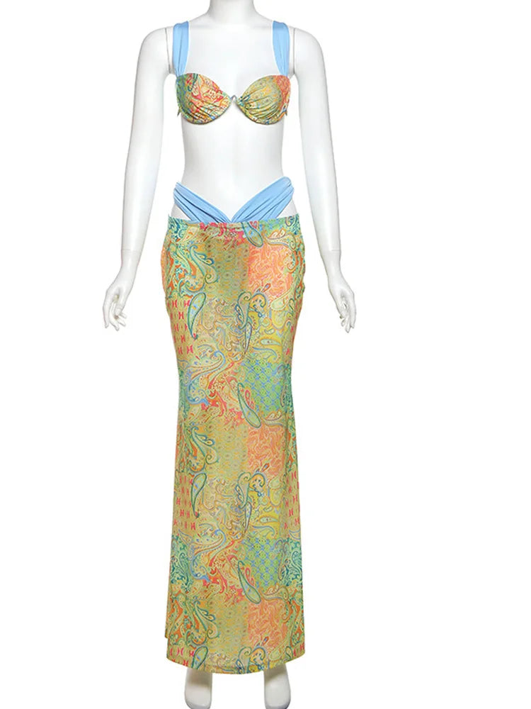 Tropical Bloom Temptation Floral Bra Crop & Skirt Two-Piece Vacation Co-Ord