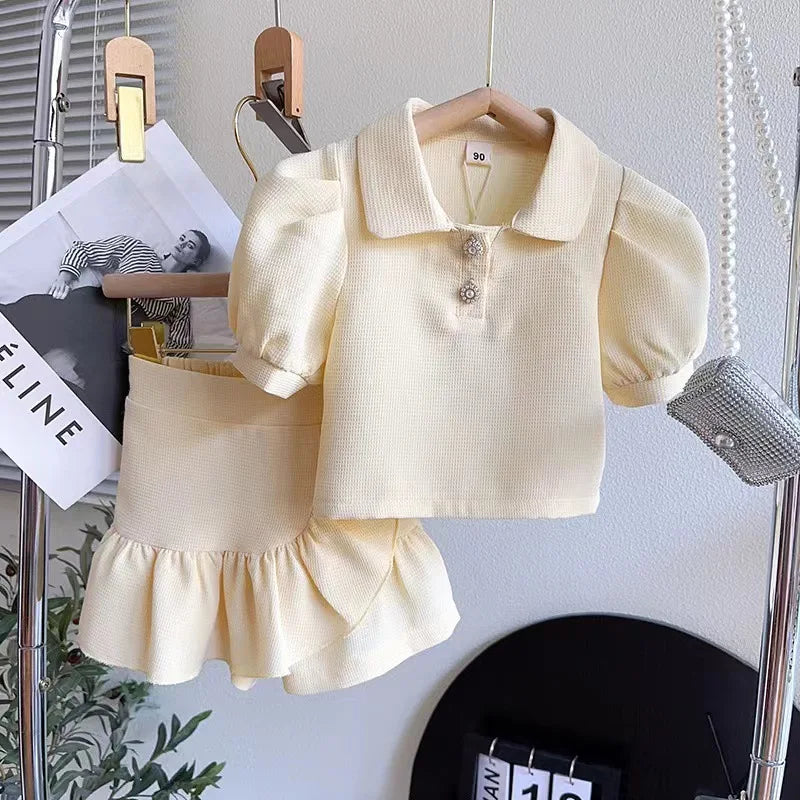 Puff Sleeves Turndown Collar Kid Girls Polo Shirt Irregular Lace Hem Skirt Sweet Suit