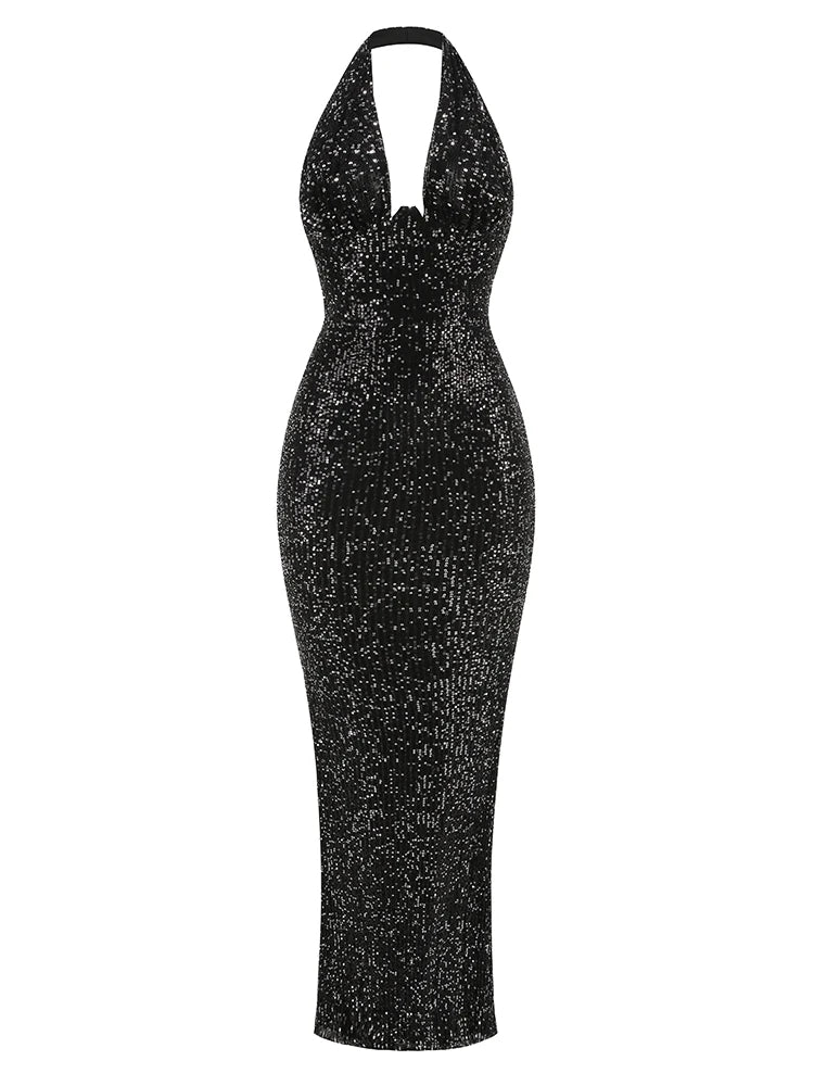 Halter Deep V Neck Sequins Green Sleeveless Backless Sequined Slim Long Maxi Dress