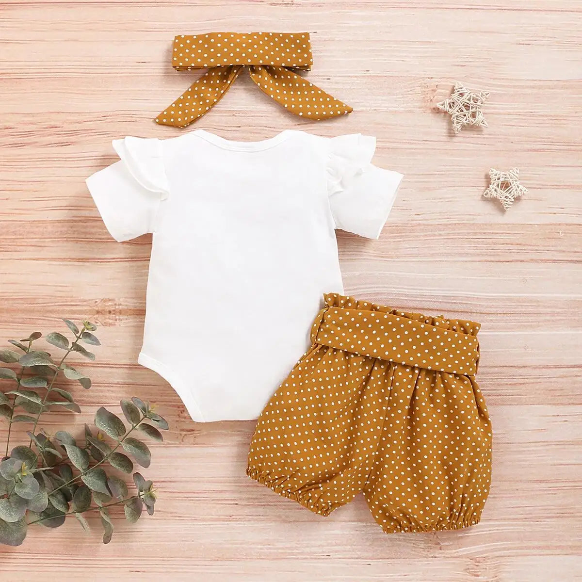 Newborn Baby Girls Clothes Romper Dot Pant with Elastic Waistband Infant Headband with Bow Knot